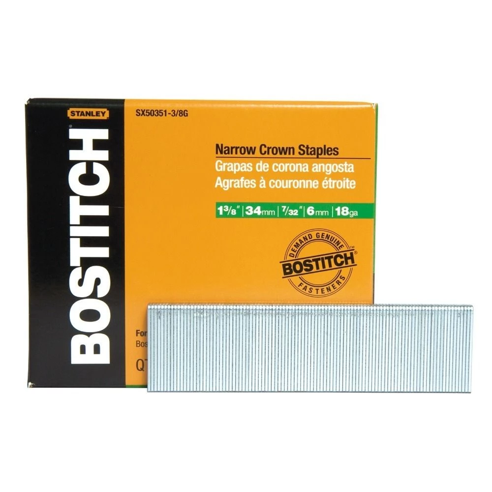 Bostitch Narrow Crown Finish Staples, 1-3/8 IN Leg 18-Gauge 7/32 IN, 3, 000-Pack, SX50351-3/8G 3 Bostitch Narrow Crown Finish Staples, 1-3/8 IN Leg 18-Gauge 7/32 IN, 3, 000-Pack, SX50351-3/8G