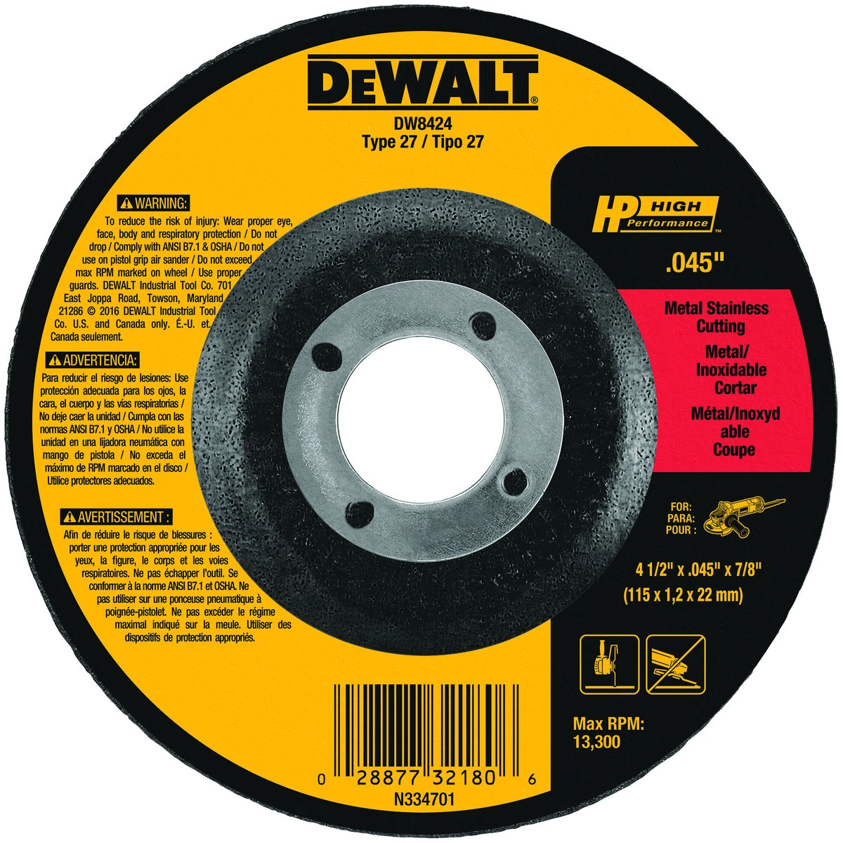 DEWALT Metal Cutting Wheel, 4 IN x 0.045 IN x 5/8 IN, DW8424 Z 3 DEWALT Metal Cutting Wheel, 4 IN x 0.045 IN x 5/8 IN, DW8424 Z