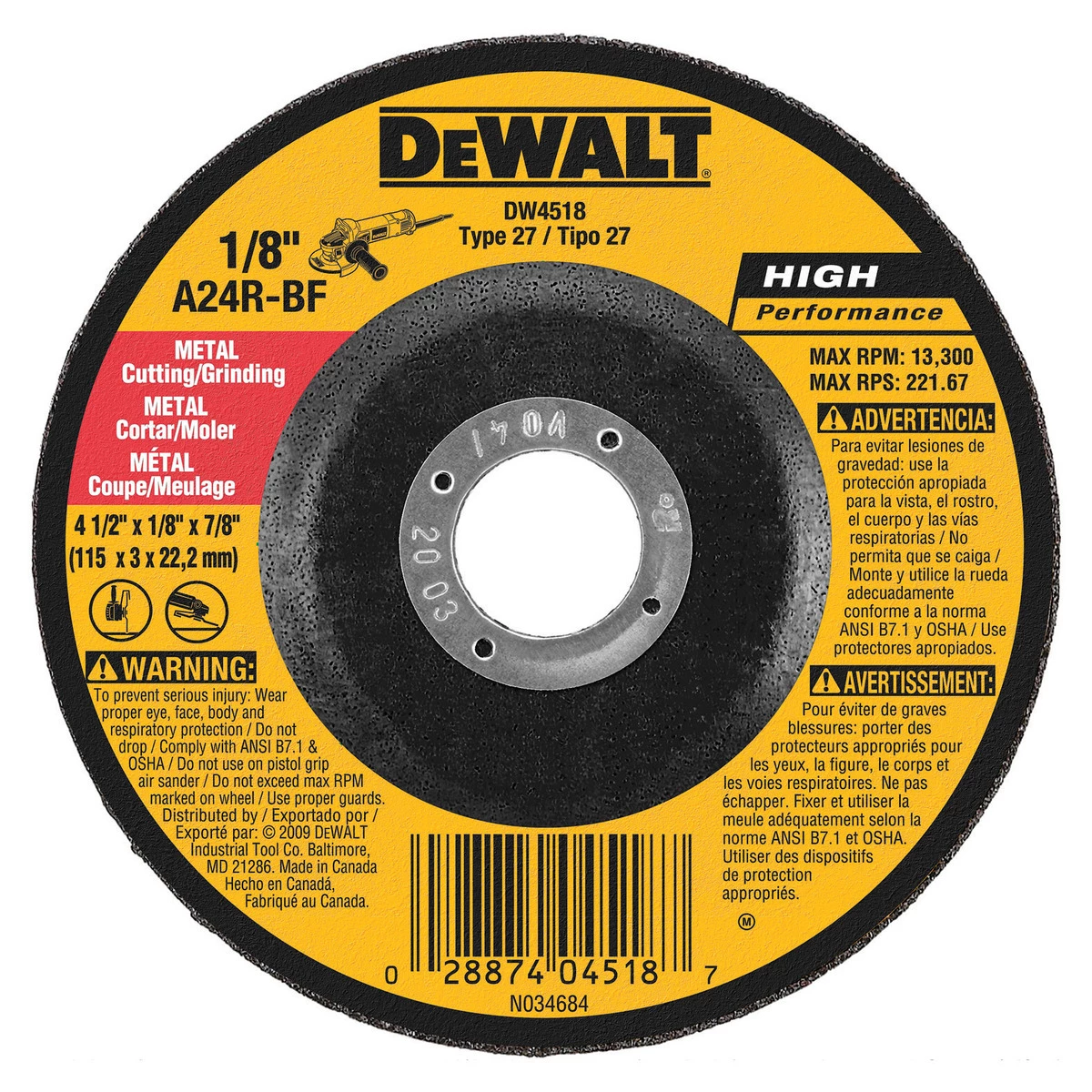 DEWALT Metal Wheel, 4 IN x 1/8 IN X 7/8 IN, DW4518 3 DEWALT Metal Wheel, 4 IN x 1/8 IN X 7/8 IN, DW4518