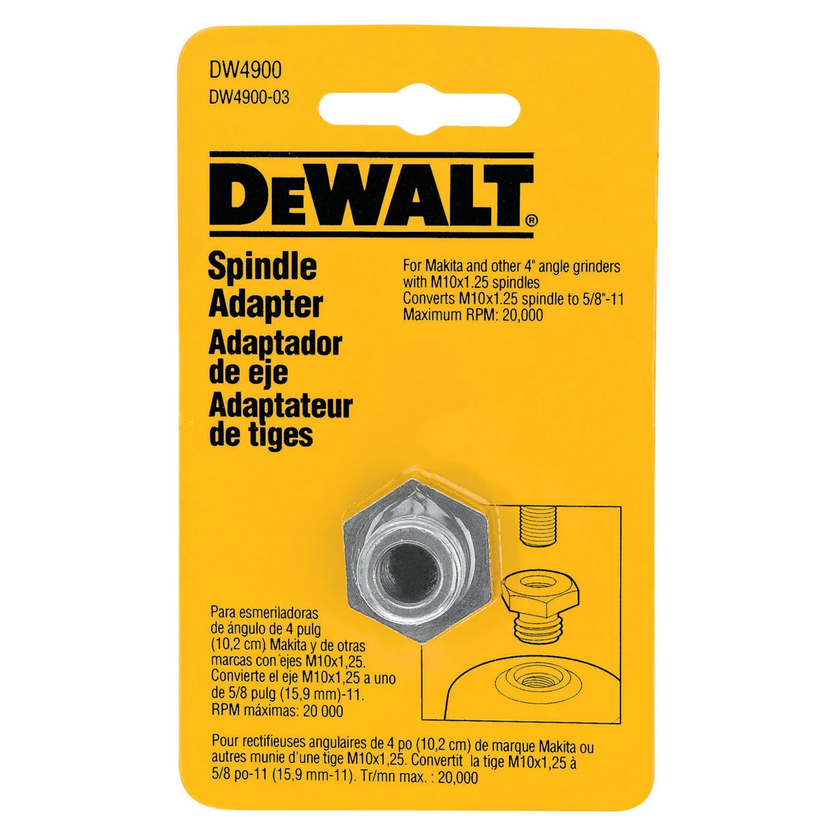 DEWALT Arbor Adapter for M10 X 1.25 Spindle, 5/8 IN To 11, DW4900 3 DEWALT Arbor Adapter for M10 X 1.25 Spindle, 5/8 IN To 11, DW4900