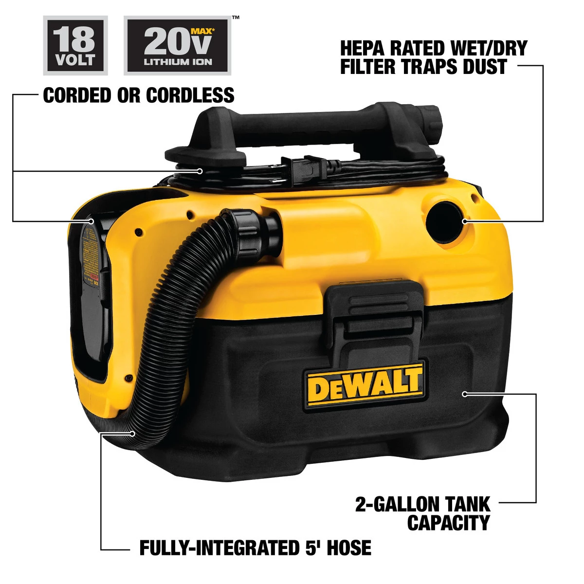 DEWALT AC / DC Wet Dry Vac, 20V MAX, DCV581H 4 DEWALT AC / DC Wet Dry Vac, 20V MAX, DCV581H - Image 2