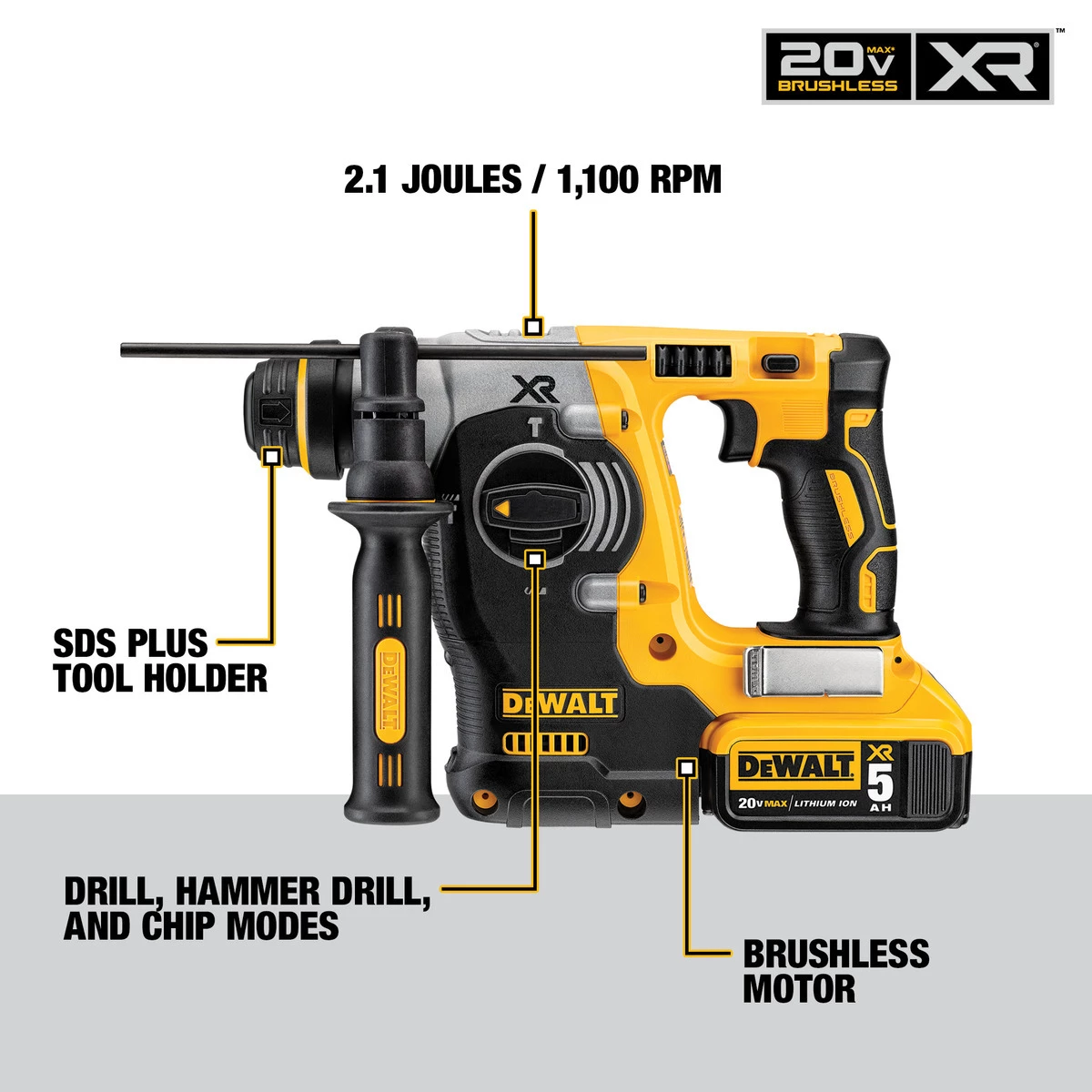 DEWALT Brushless L-Shape SDS Plus Rotary Hammer Kit, 20V MAX XR, 1 IN, DCH273P2 7 DEWALT Brushless L-Shape SDS Plus Rotary Hammer Kit, 20V MAX XR, 1 IN, DCH273P2 - Image 5