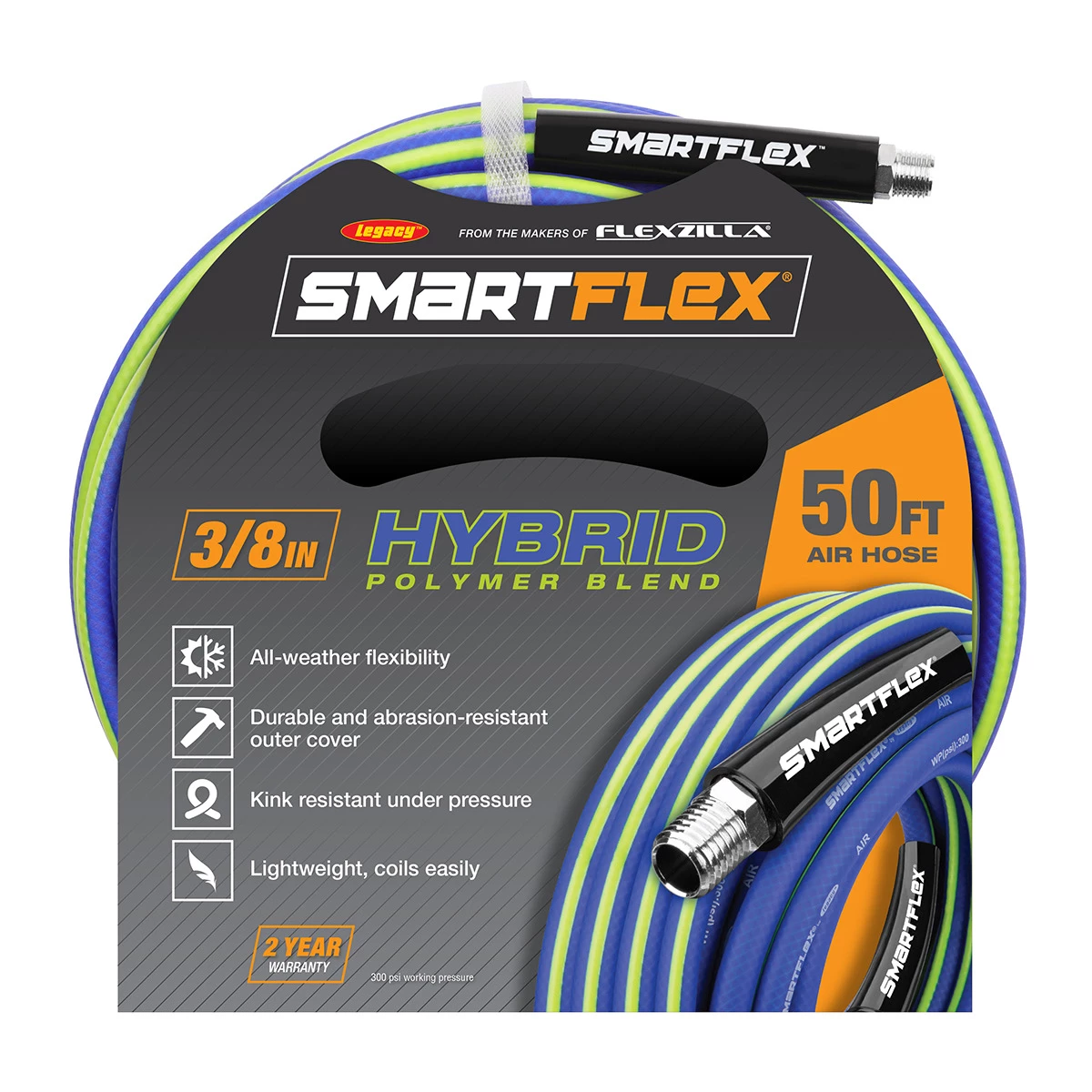 Smartflex Air Hose, 1/4 IN MNPT Fittings, HSF3850BL2, 3/8 IN x 50 FT 4 Smartflex Air Hose, 1/4 IN MNPT Fittings, HSF3850BL2, 3/8 IN x 50 FT - Image 2