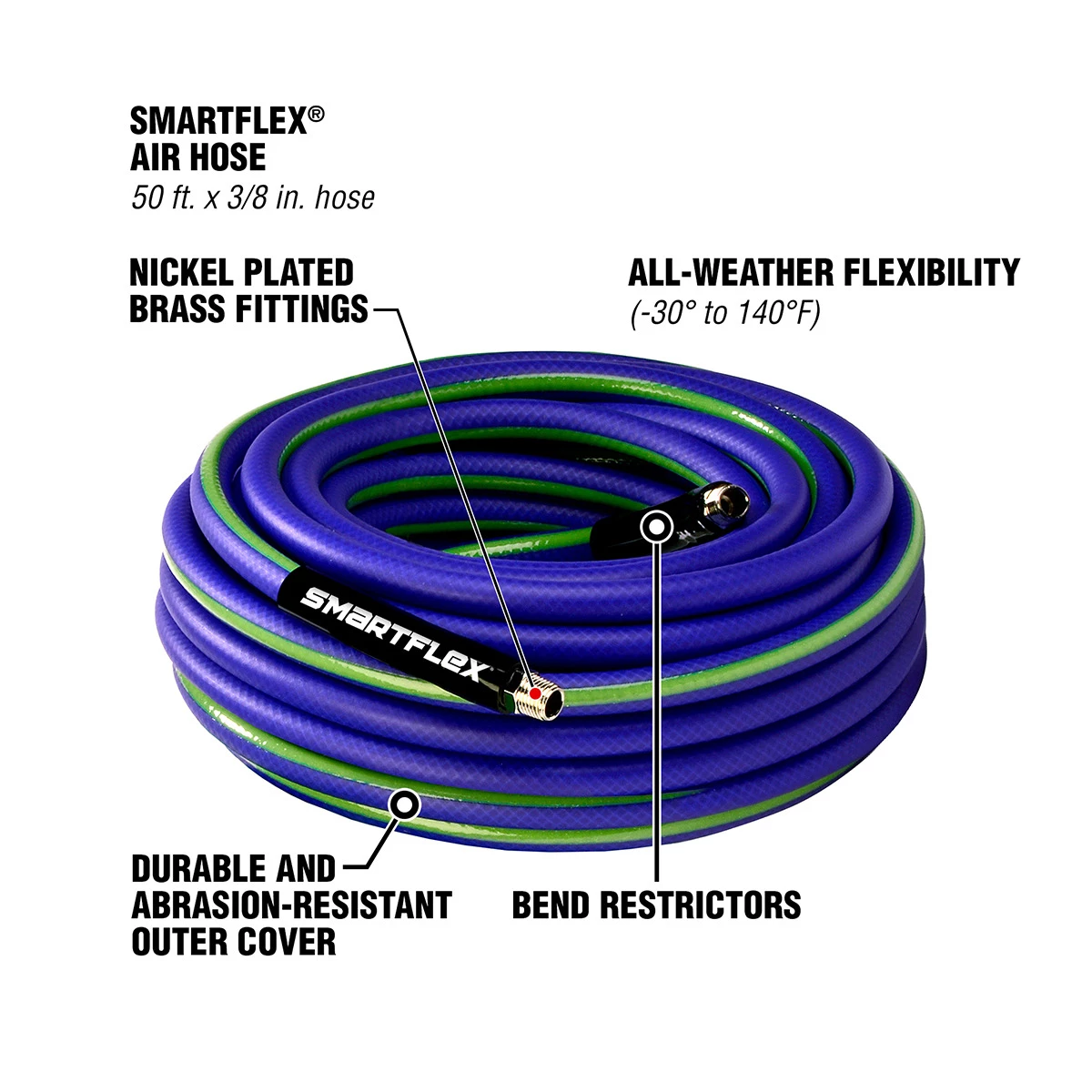 Smartflex Air Hose, 1/4 IN MNPT Fittings, HSF3850BL2, 3/8 IN x 50 FT 5 Smartflex Air Hose, 1/4 IN MNPT Fittings, HSF3850BL2, 3/8 IN x 50 FT - Image 3