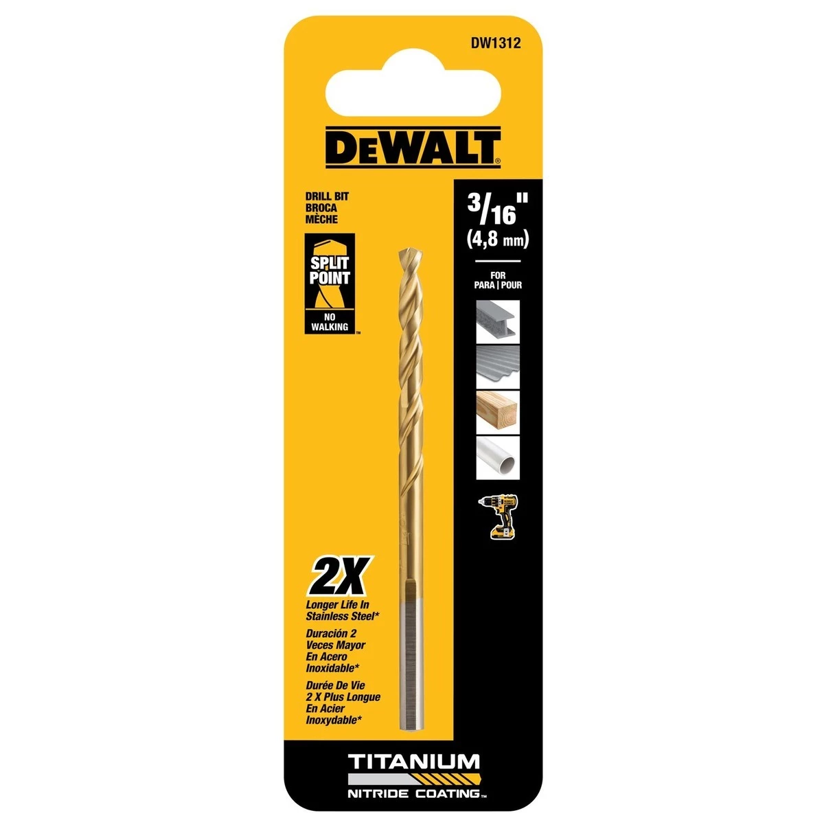 DEWALT Titanium Nitride Coated Split Point Drill Bit, 3/16 IN, DW1312 3 DEWALT Titanium Nitride Coated Split Point Drill Bit, 3/16 IN, DW1312