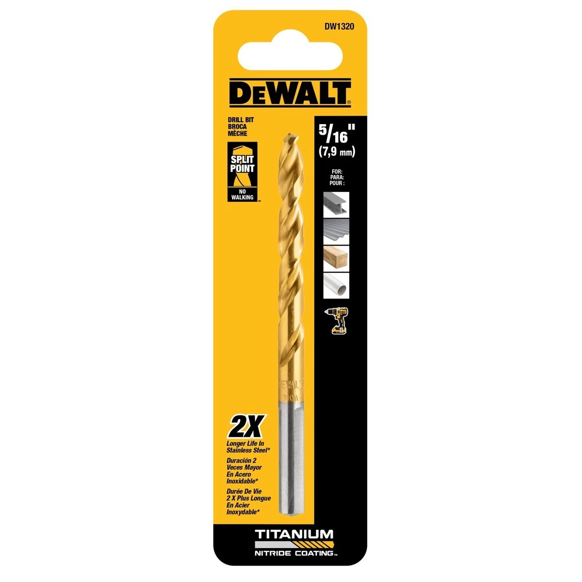 DEWALT Titanium Nitride Coated Split Point Drill Bit, 5/16 IN, DW1320 3 DEWALT Titanium Nitride Coated Split Point Drill Bit, 5/16 IN, DW1320