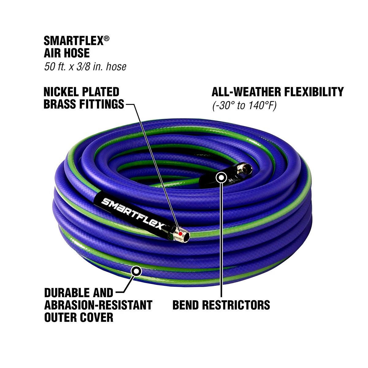 Smartflex Air Hose, 1/4 IN MNPT Fittings, HSF3850BL2, 3/8 IN x 50 FT 7 Smartflex Air Hose, 1/4 IN MNPT Fittings, HSF3850BL2, 3/8 IN x 50 FT - Image 5